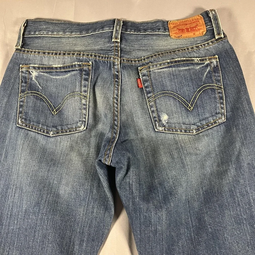 Levis 501 Jeans Mens 30x29 Blue Denim Button Fly Straight Leg Distressed Red Tab
